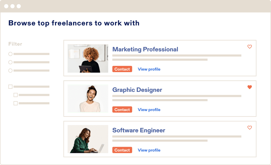 Clients can filter and browse profiles of freelance experts. Some examples include marketing professionals, graphic designers, and software engineers.